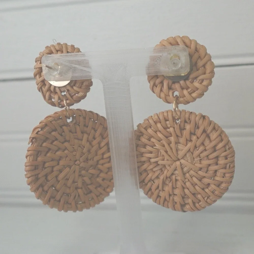 Large Y2K Woven Earrings Rattan Wicker Boho Hippie Vintage Pierced Jewelry